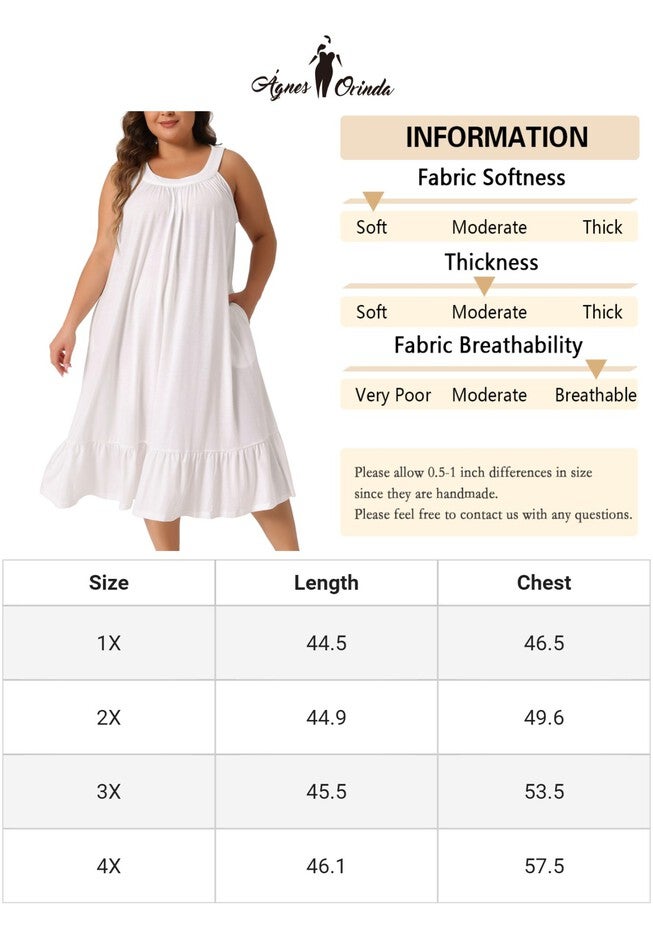 Tank Sleeveless Wide Strap Chemise Pleated Nightdress with Pockets, White / White, alternate image number 4