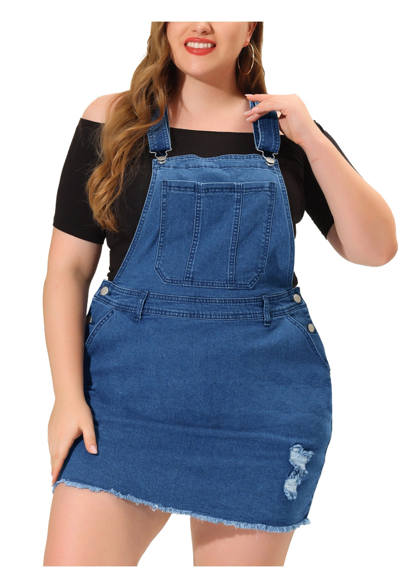 ADJUSTABLE STRAP DISTRESSED DENIM SUSPENDER SKIRT OVERALL DRESS, Denim Blue / Light Blue, alternate image number 4