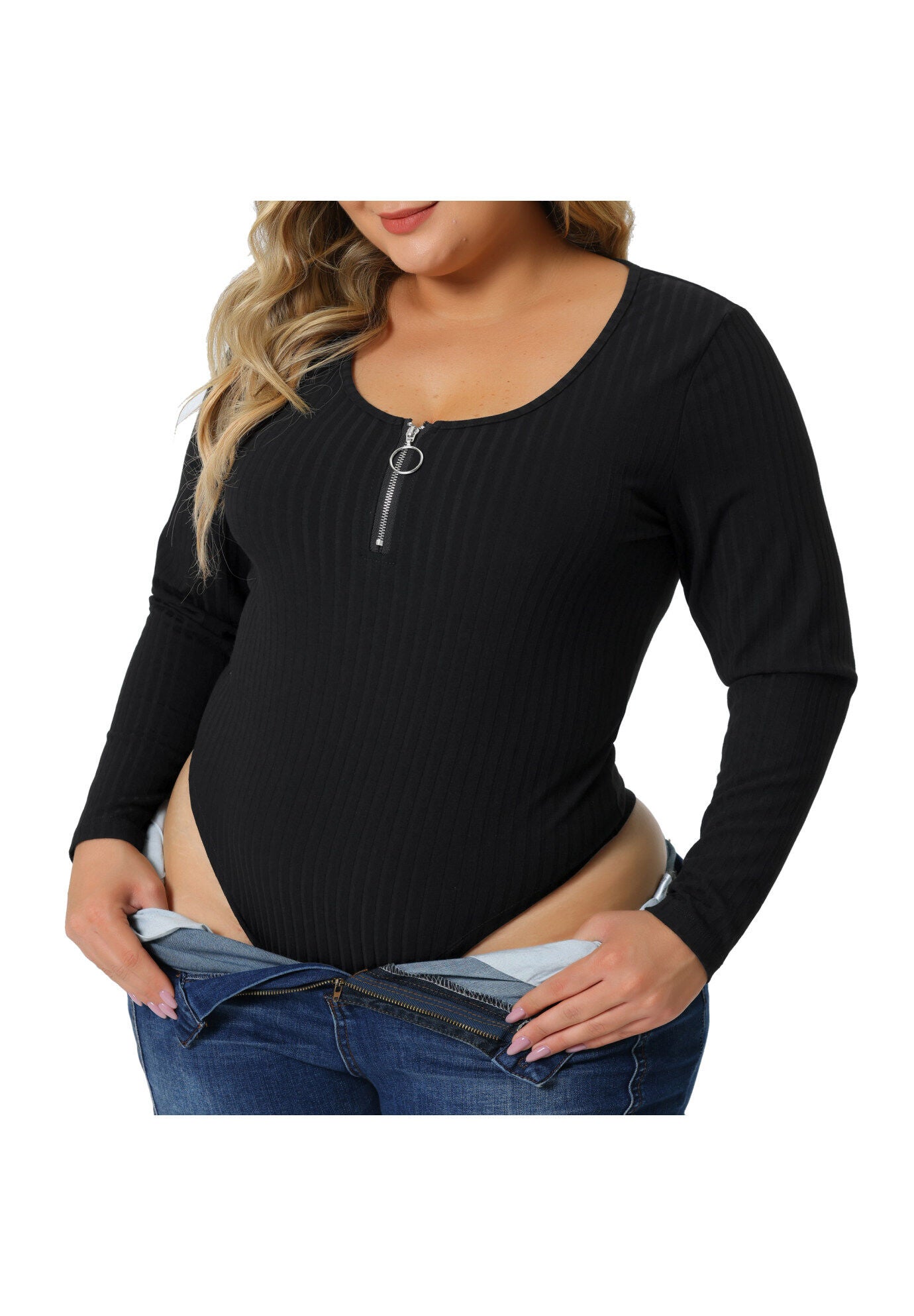 Ribbed Knit Zipper Deep V Neck Long Sleeve Top Bodysuit, Black / Black, alternate image number 1