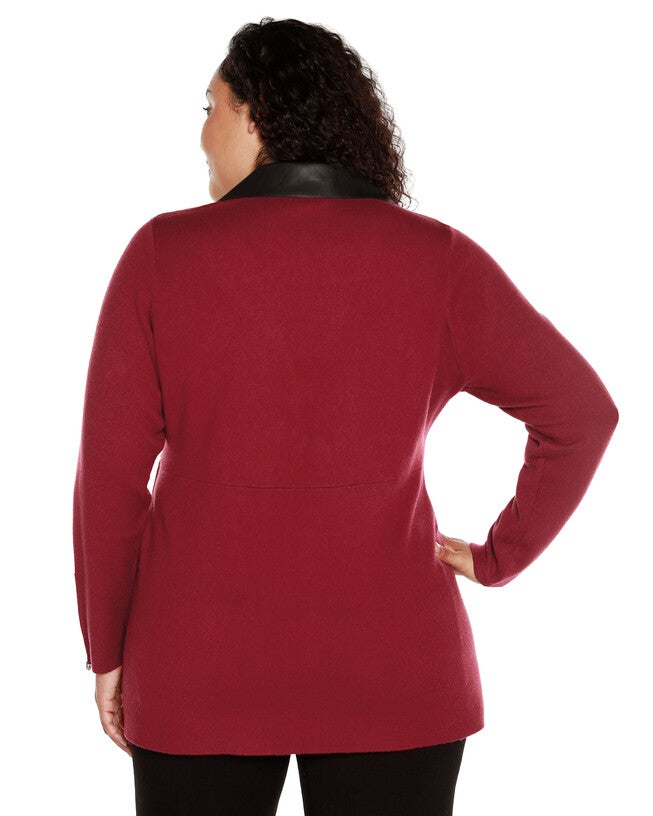 FAUX-LEATHER COLLARED SWEATER JACKET, Cranberry / New Wine, alternate image number 1