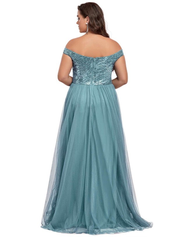 Sequin Off the Shoulder Maxi Tulle Evening Dress, Dusty Blue / Dusty Blue, alternate image number 1