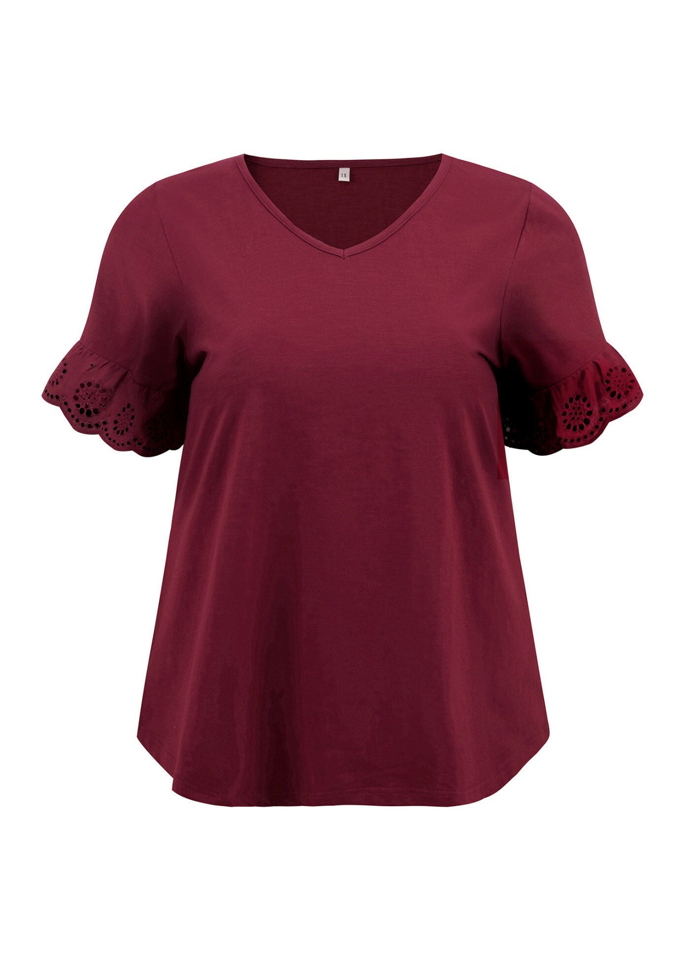 Eyelet Embroidered Lace Short Sleeve Blouse V Neck Top, Burgundy / Burgundy, alternate image number 3