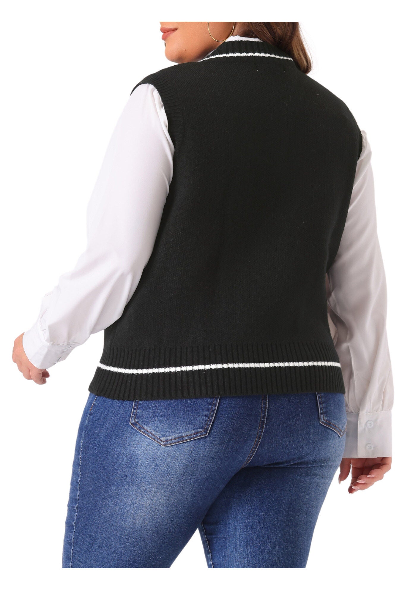 V Neck Stripe Cable Knit Pullover Sweater Vest, Black / Black, alternate image number 3