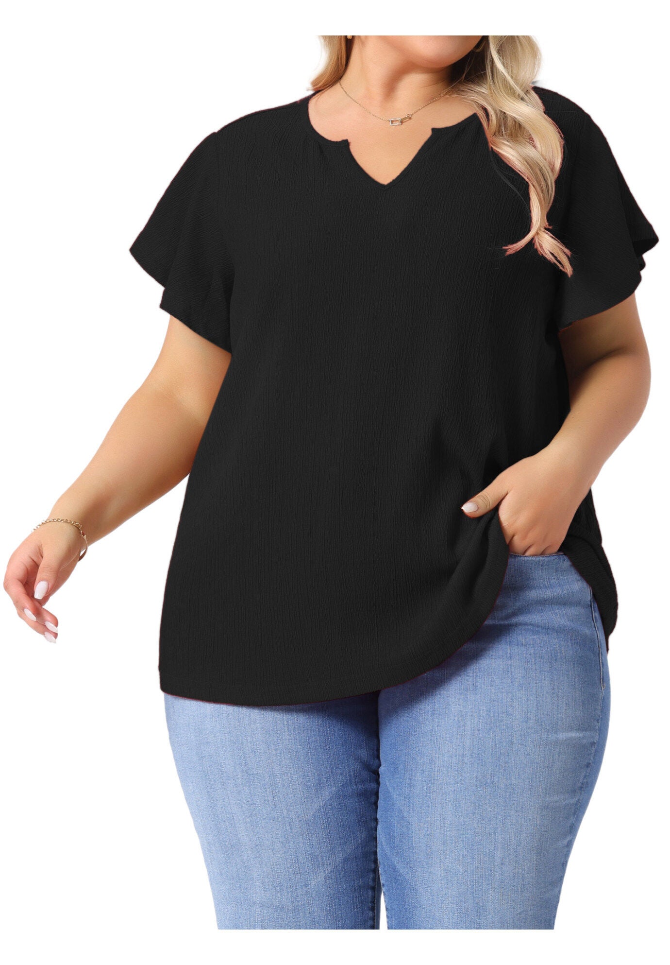 V Neck Ruffle Short Sleeve Summer Blouse, Black / Black, alternate image number 2
