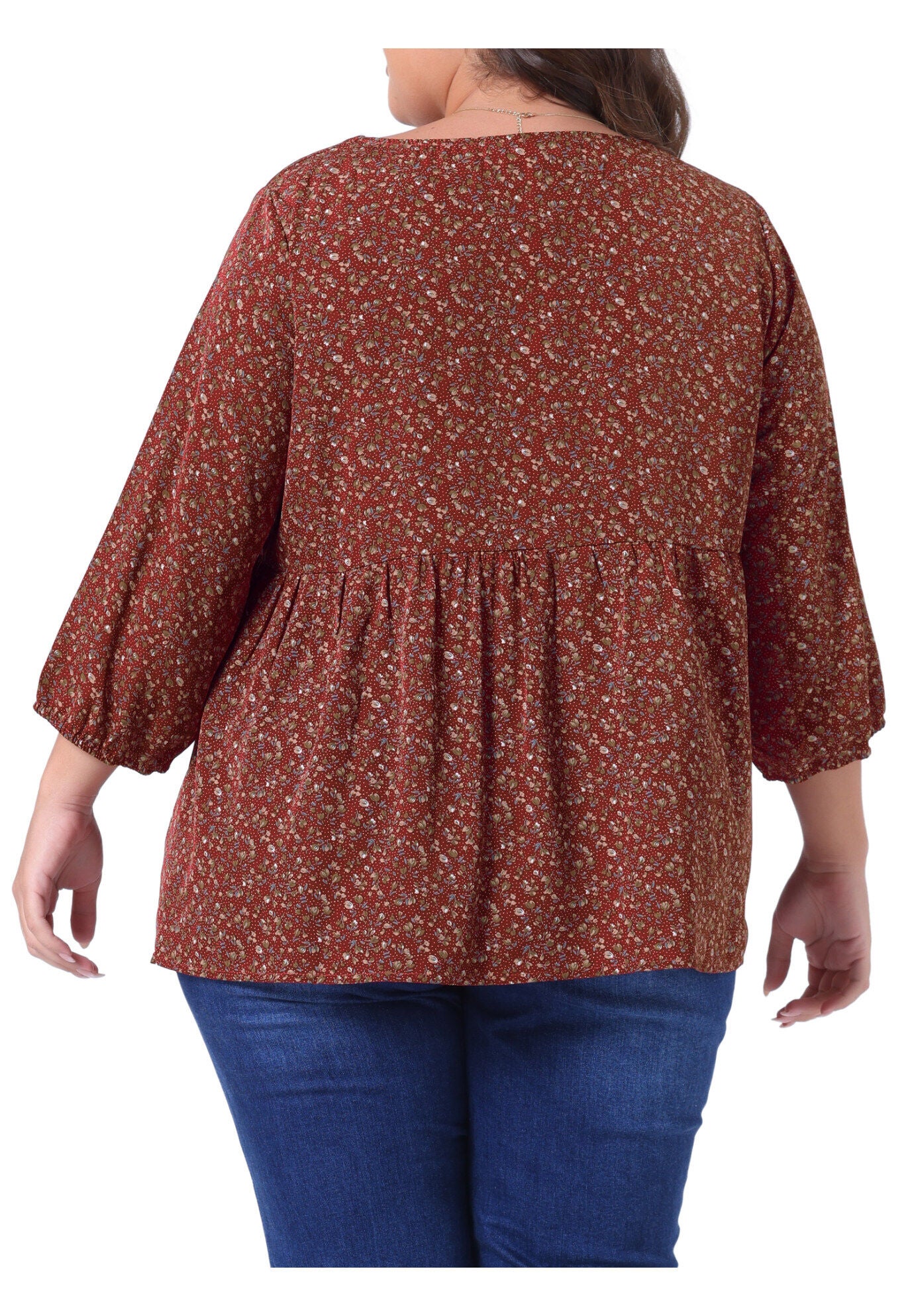 3/4 Sleeve Floral Peplum Babydoll Blouse, Burgundy / Burgundy, alternate image number 3