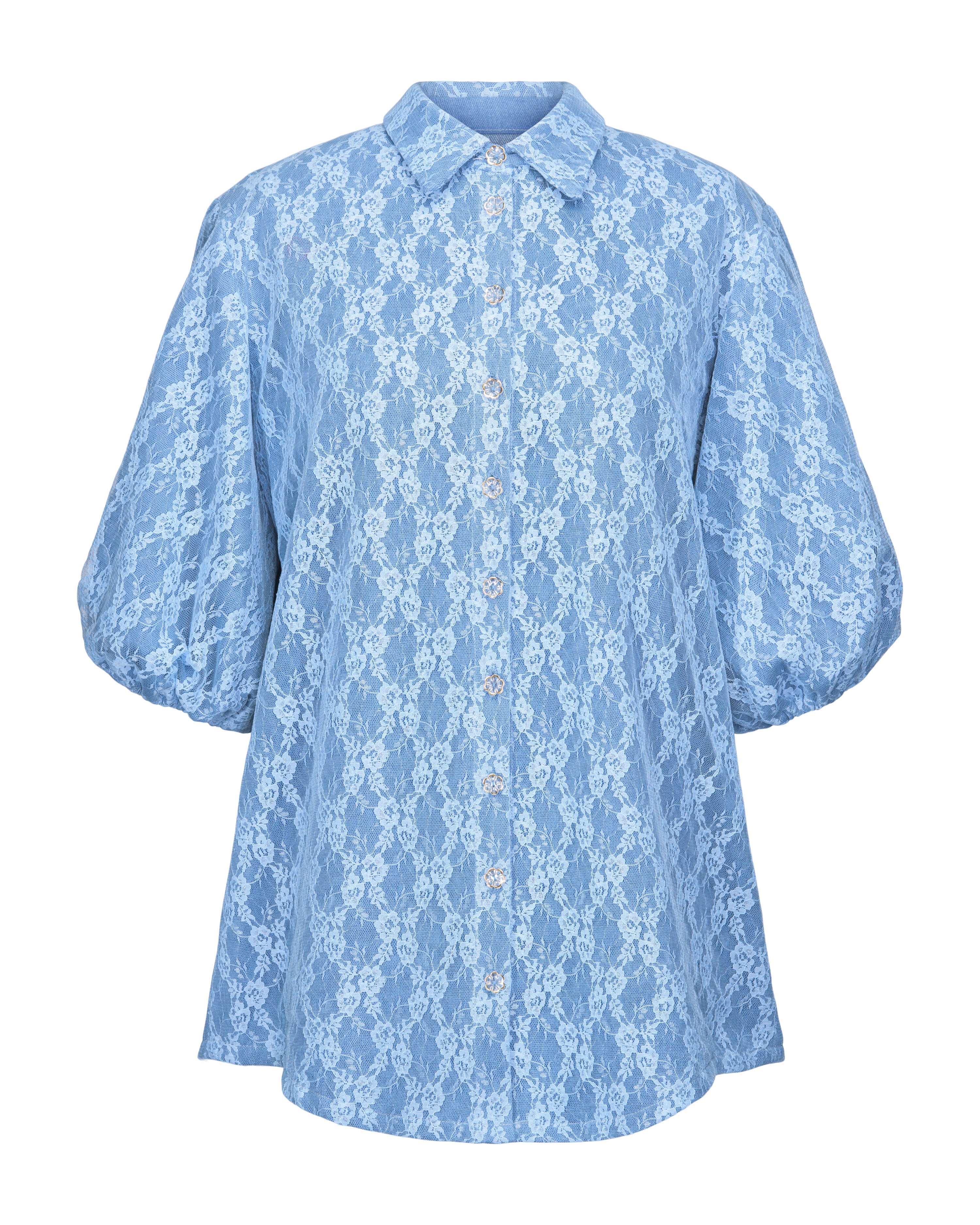 Denim Lace Puff Slv Blouse, BLUE / Medium Wash, alternate image number 1