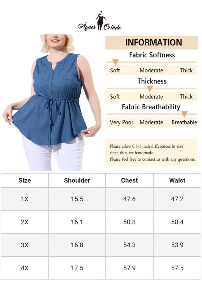 Sleeveless V Neck Drawstring Waist Chambray Tank Shirt, Blue / Chambray Denim Medium, alternate image number 4