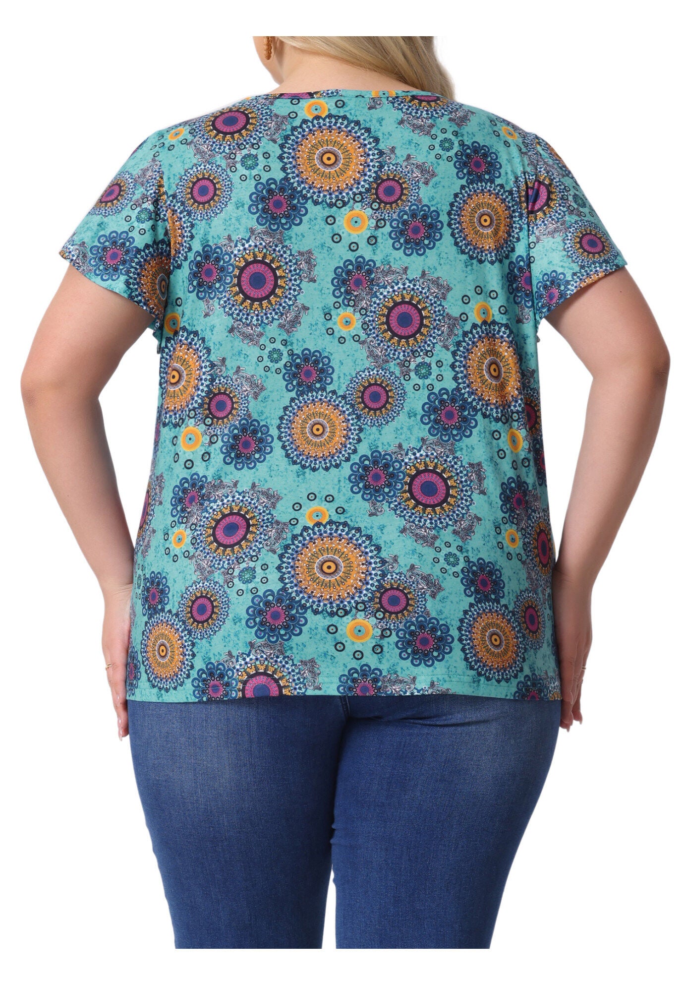 V Neck Ruffle Short Sleeve T-Shirt Tee Top, Blue Orange / Dusty Blue, alternate image number 3