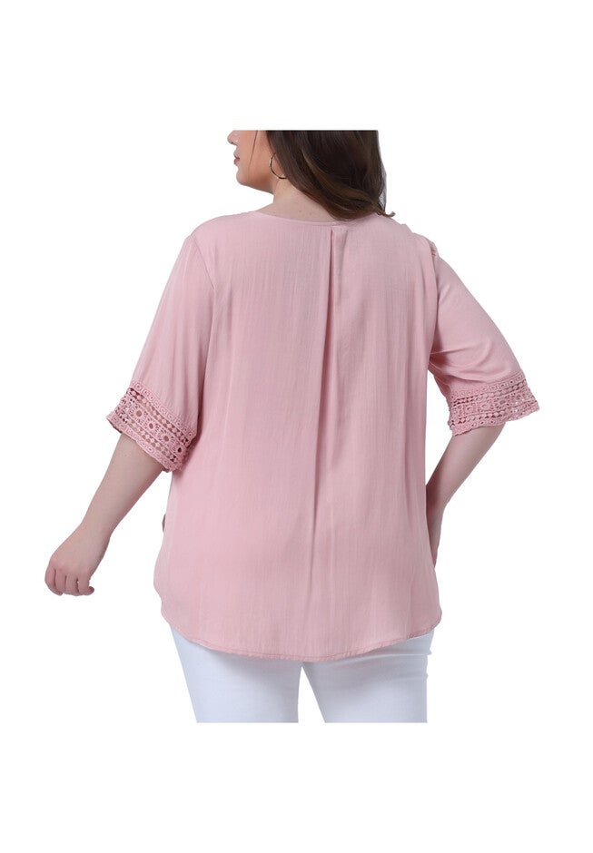 Crewneck Lace Crochet Short Sleeve Casual Loose Top, Light Pink / Pink, alternate image number 3
