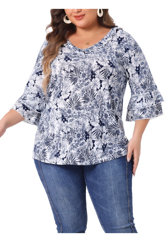 Floral Print V Neck Tiered Ruffle Bell Sleeve Blouse Top, White Blue / White, alternate image number null