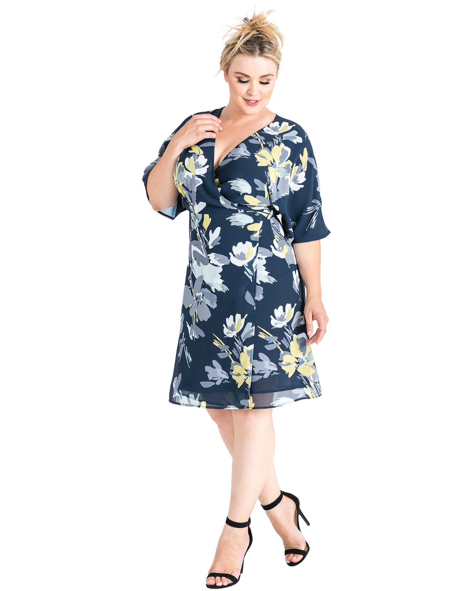Plus Size Candice V-Neck Kimono Wrap Midi Dress, NAVYPETALS / Navy, alternate image number 4