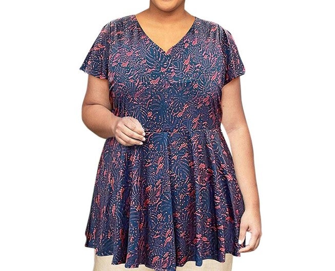 PRINTED SHORT SLEEVE BABY DOLL TOP, Blue Palm / Azure Blue, hi-res image number 0
