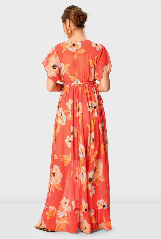 Floral Print Georgette Drawstring Empire Maxi Dress, Aqua / Orange, alternate image number null