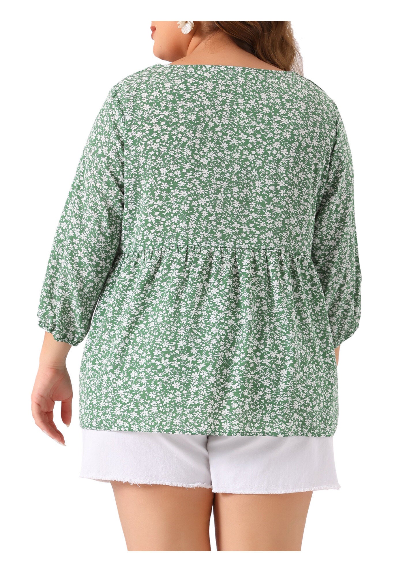 3/4 Sleeve Floral Peplum Babydoll Blouse, Green / Light Green, alternate image number 3