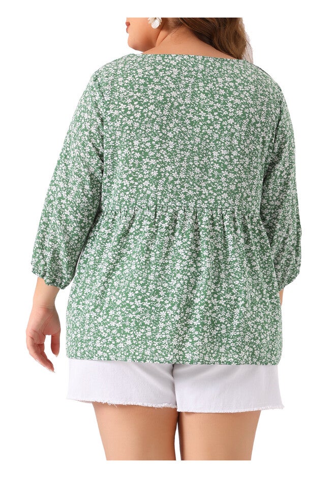 3/4 Sleeve Floral Peplum Babydoll Blouse, Green / Light Green, alternate image number 3