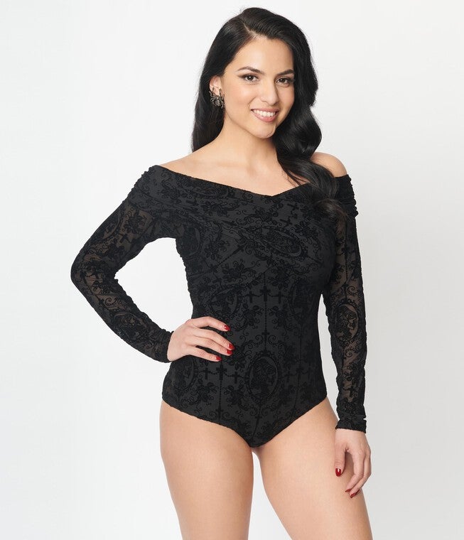 Unique Vintage Black La Catrina Mesh Saturday Night Bodysuit, Black / Black, alternate image number null