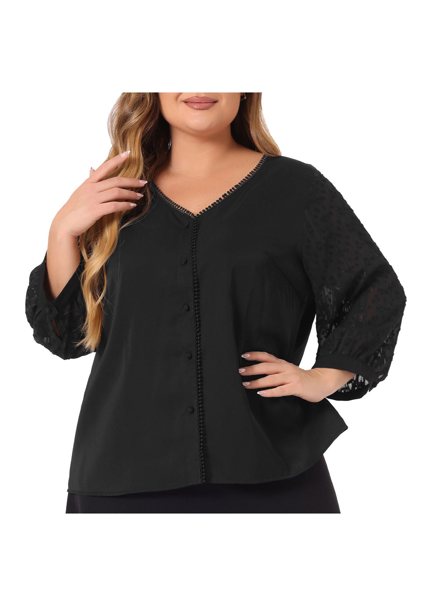 V Neck Sheer Lace Panel 3/4 Sleeve Button Up Lace Top, Black / Black, alternate image number 2