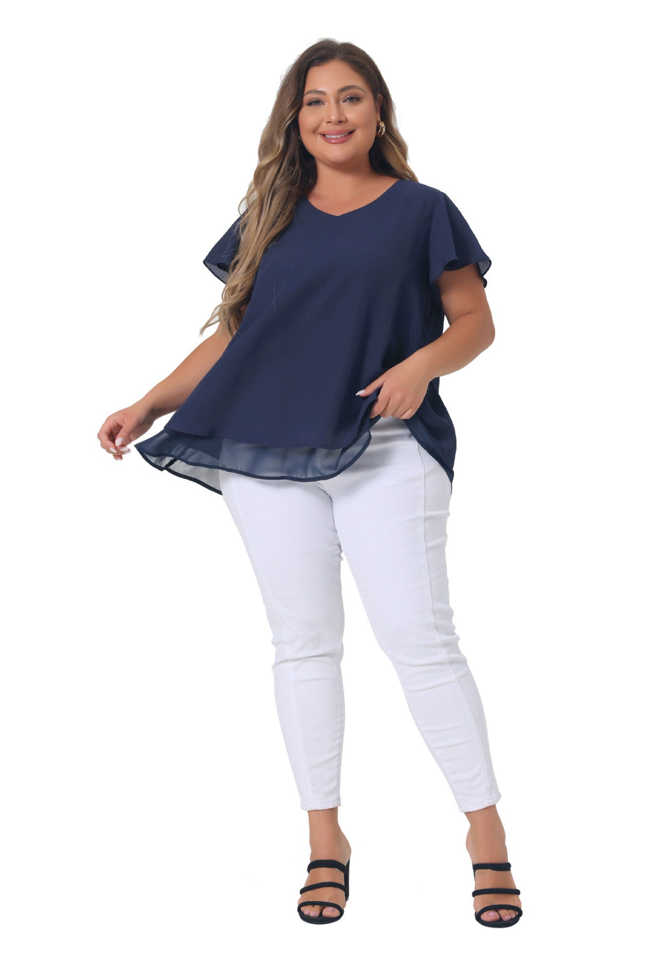 Summer Top Ruffle Short Sleeve V Neck Double Layered Hem Chiffon Blouse, Navy Blue / Navy, hi-res image number 0