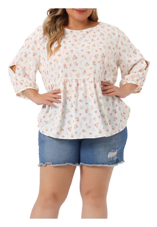 Floral Blouse Cut Out 3/4 Sleeve Babydoll Peplum Top, White Red / White, alternate image number 1