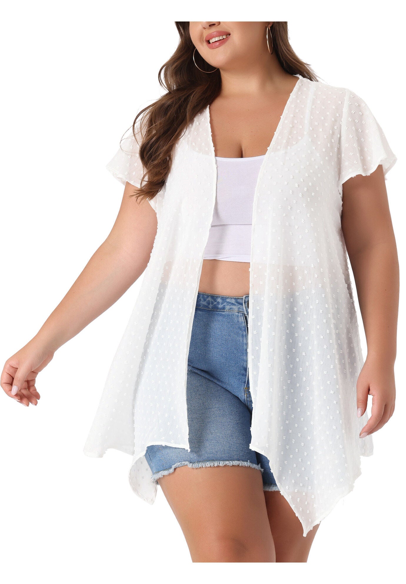 FLARE SLEEVE HIGH LOW SWISS DOTS CARDIGAN, White / White, alternate image number 1