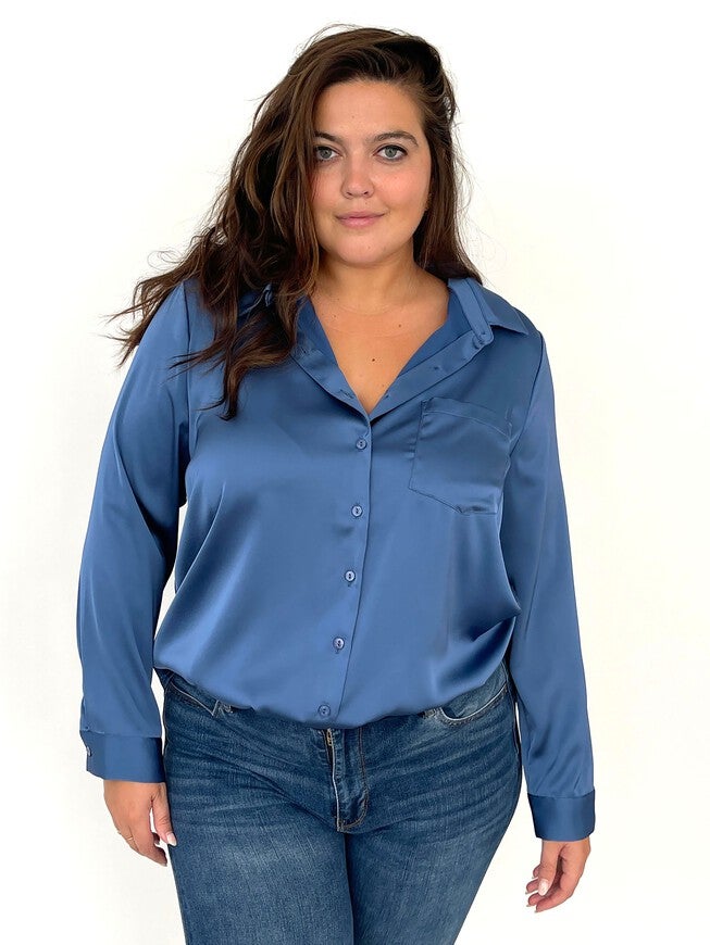 Mallow Satin Button Down - Smoky Blue, , alternate image number null
