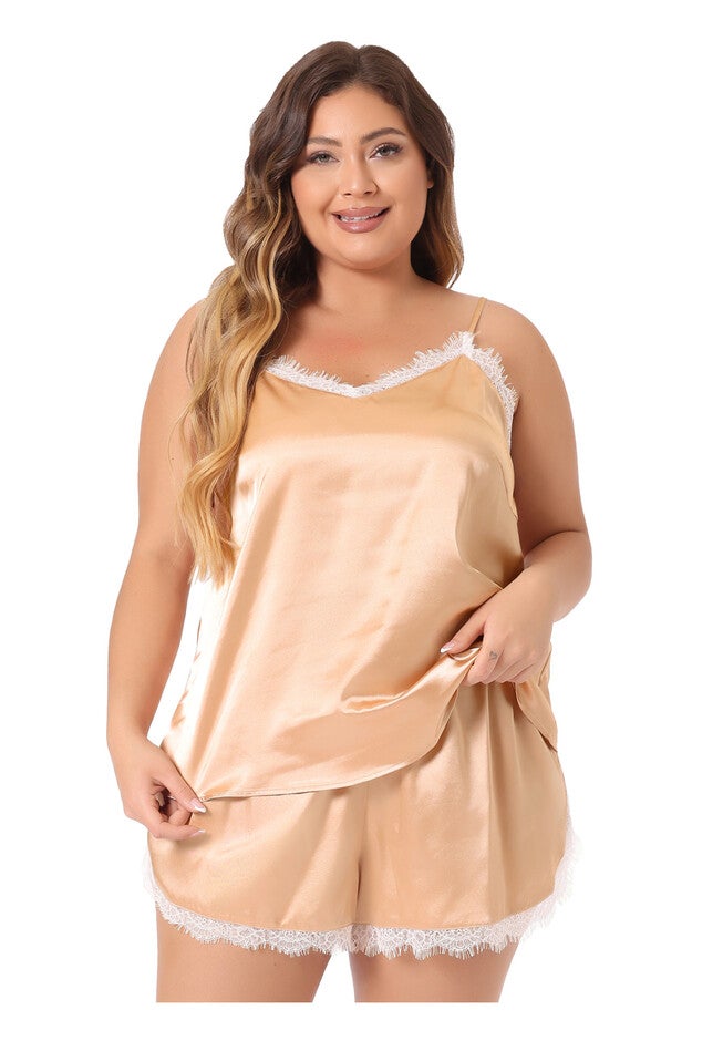 SATIN LACE PANEL CAMI TOP AND SHORTS SLEEPWEAR 2 PIECES PAJAMAS SET, Champagne / Gold, alternate image number 2
