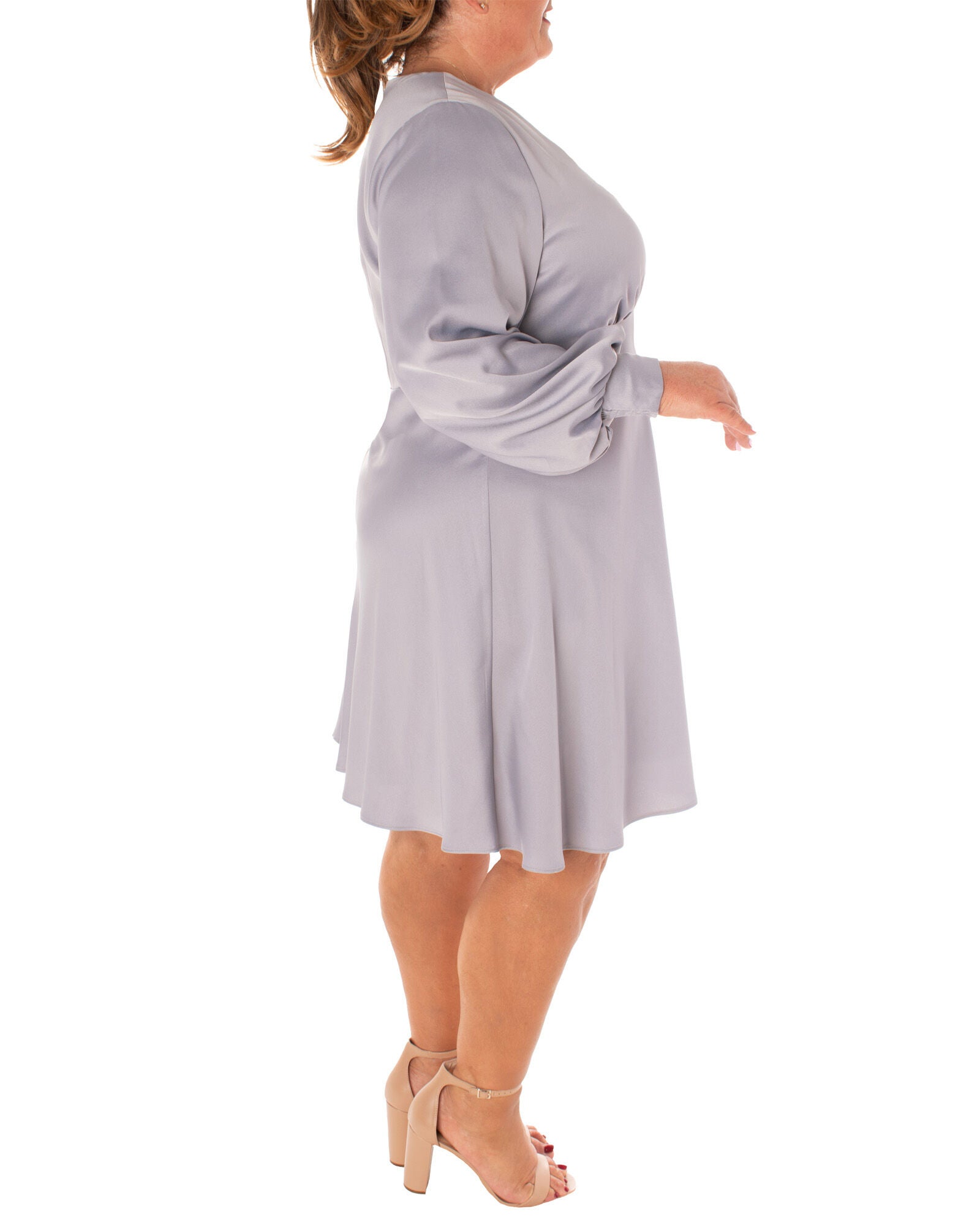 SOLID SATIN BACK CREPE FULLY LINED DRESS W/SMOCKING @ BACK SIDE OF CUFF, SMOKE GREY / Silver, alternate image number 2