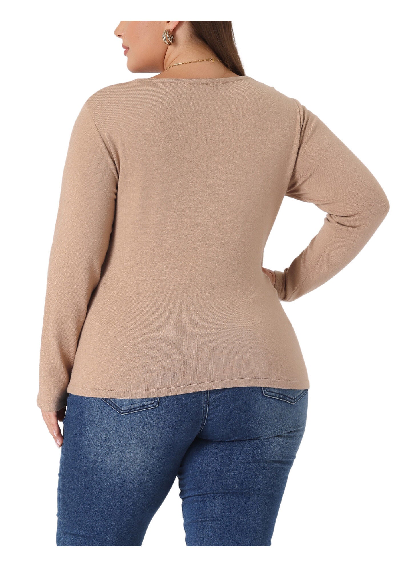 Wrap V Neck Criss Cross Asymmetrical Knit Top, Khaki / Brown, alternate image number 2