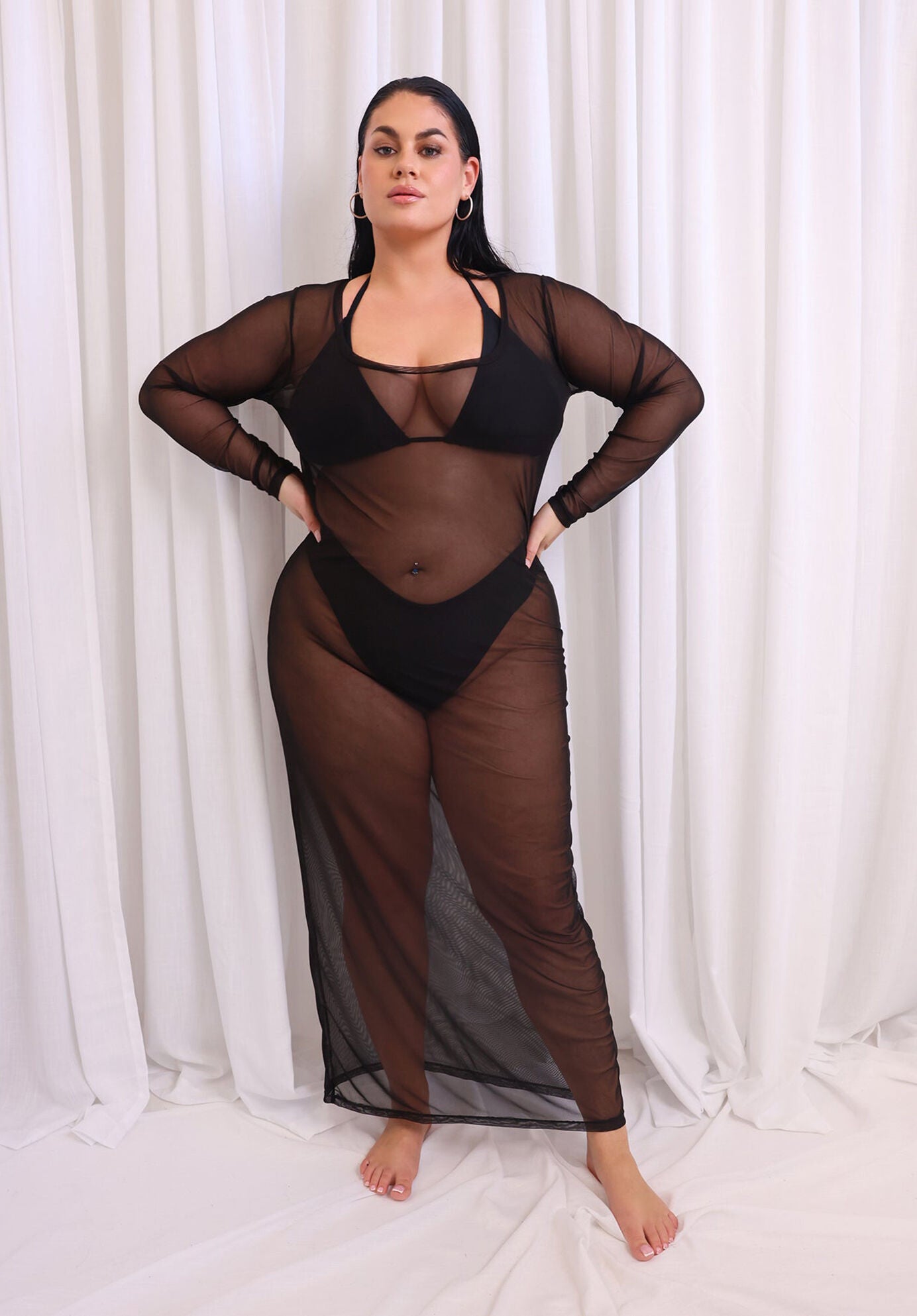 Jade Sheer Mesh Maxi Bodycon Dress, Black / Black, alternate image number 2