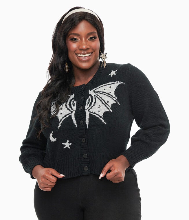 1950s Black & Silver Bat Cropped Cardigan, Black Silver Bat / Black, alternate image number 2