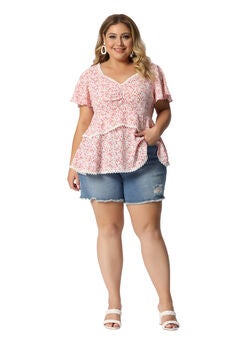 Floral Babydoll Sweetheart Ruffle Short Sleeve Top Tiered Blouse