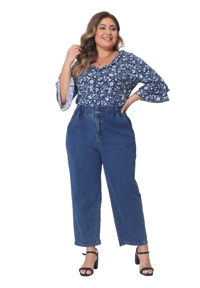 Floral Print V Neck Tiered Ruffle Bell Sleeve Blouse Top, Navy Blue / Navy, hi-res image number 0