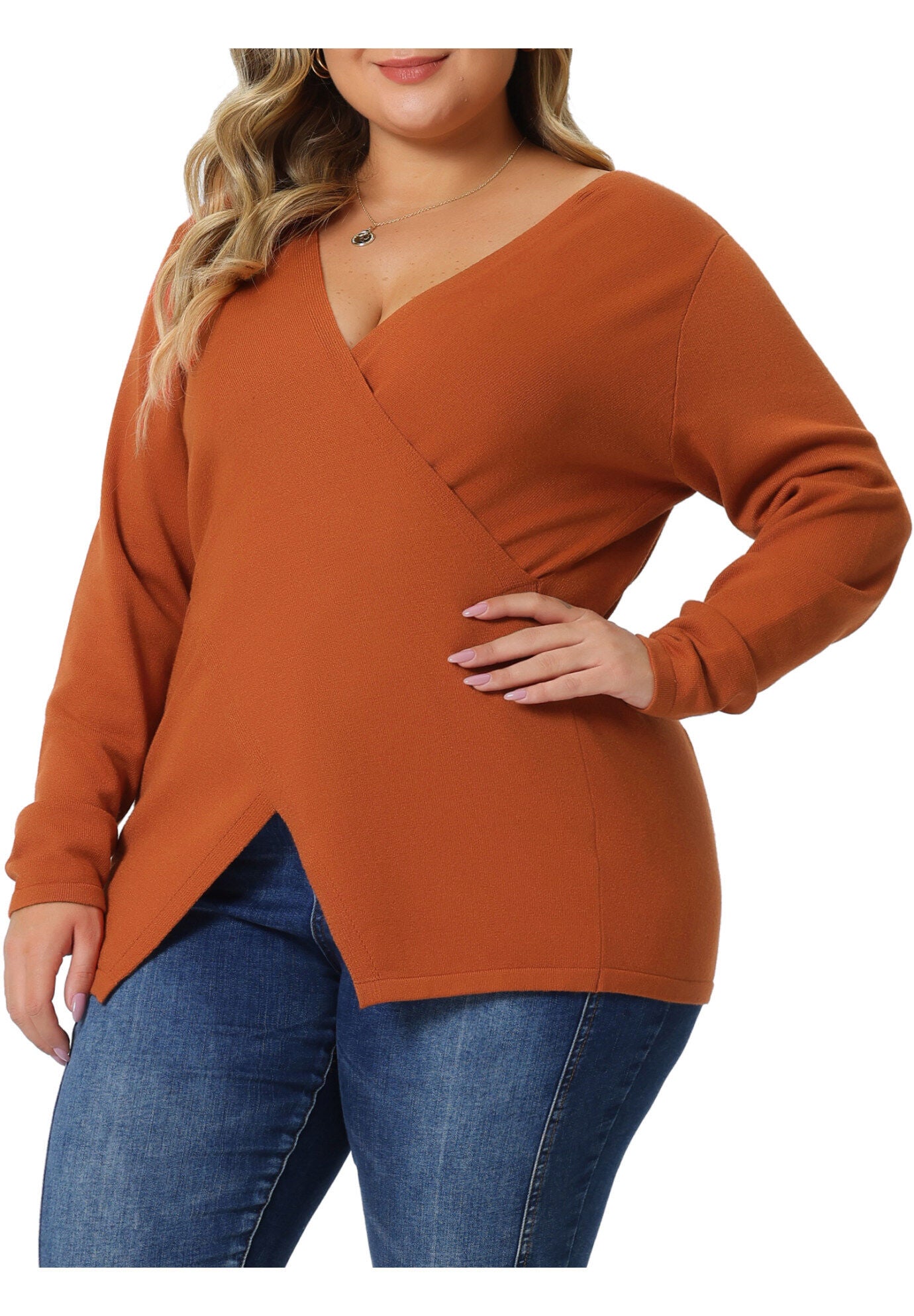 Wrap V Neck Criss Cross Asymmetrical Knit Top, Orange / Orange, alternate image number 2