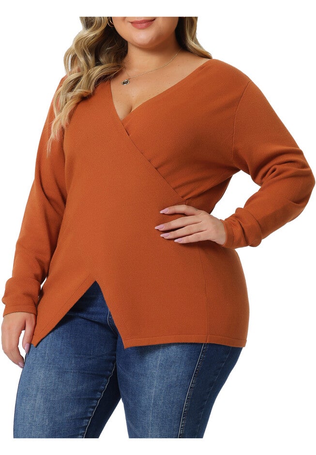 Wrap V Neck Criss Cross Asymmetrical Knit Top, Orange / Orange, alternate image number 2