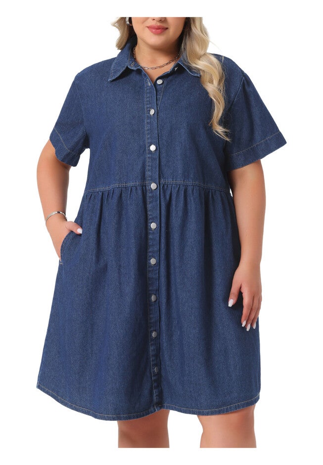 Denim Babydoll Tiered Short Sleeve Button Down Jean Shirt Dress, Dark Blue / Navy, alternate image number 2