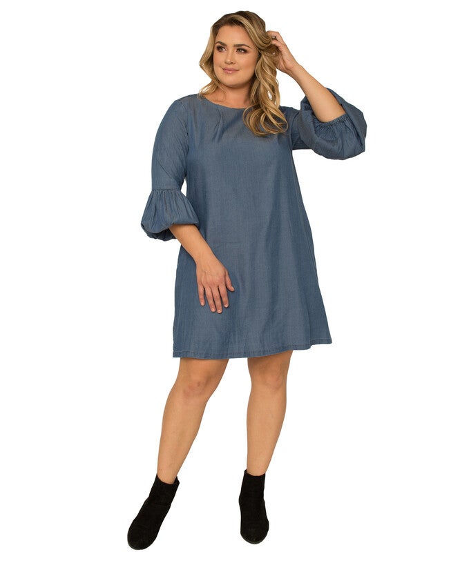 Plus Size Women's Tencel 3/4 Balloon Sleeves Medium Blue Midi Shift Dress, 3214 Medium Blue / Navy, alternate image number 2