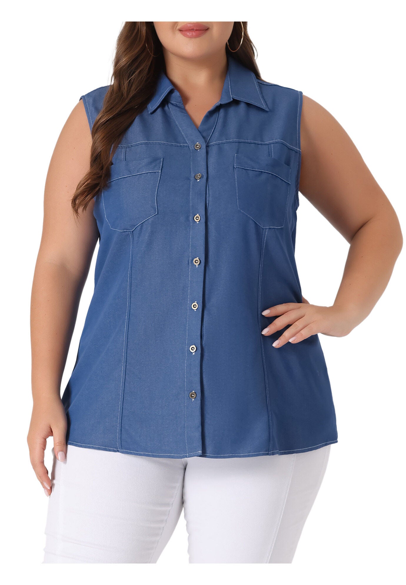 Sleeveless Button Down Shirt Chambray Top, Dark Blue / Navy, alternate image number 2