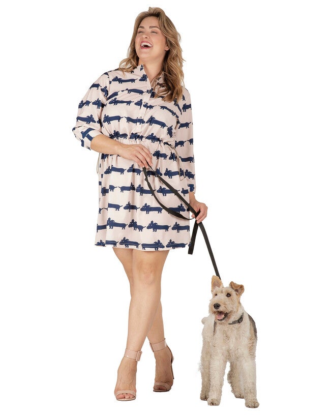 Zoey Women's Plus Size Mini Dress With Cute Dog Print And Adjustable Waist Band, Cream Navy / Tan, alternate image number 3