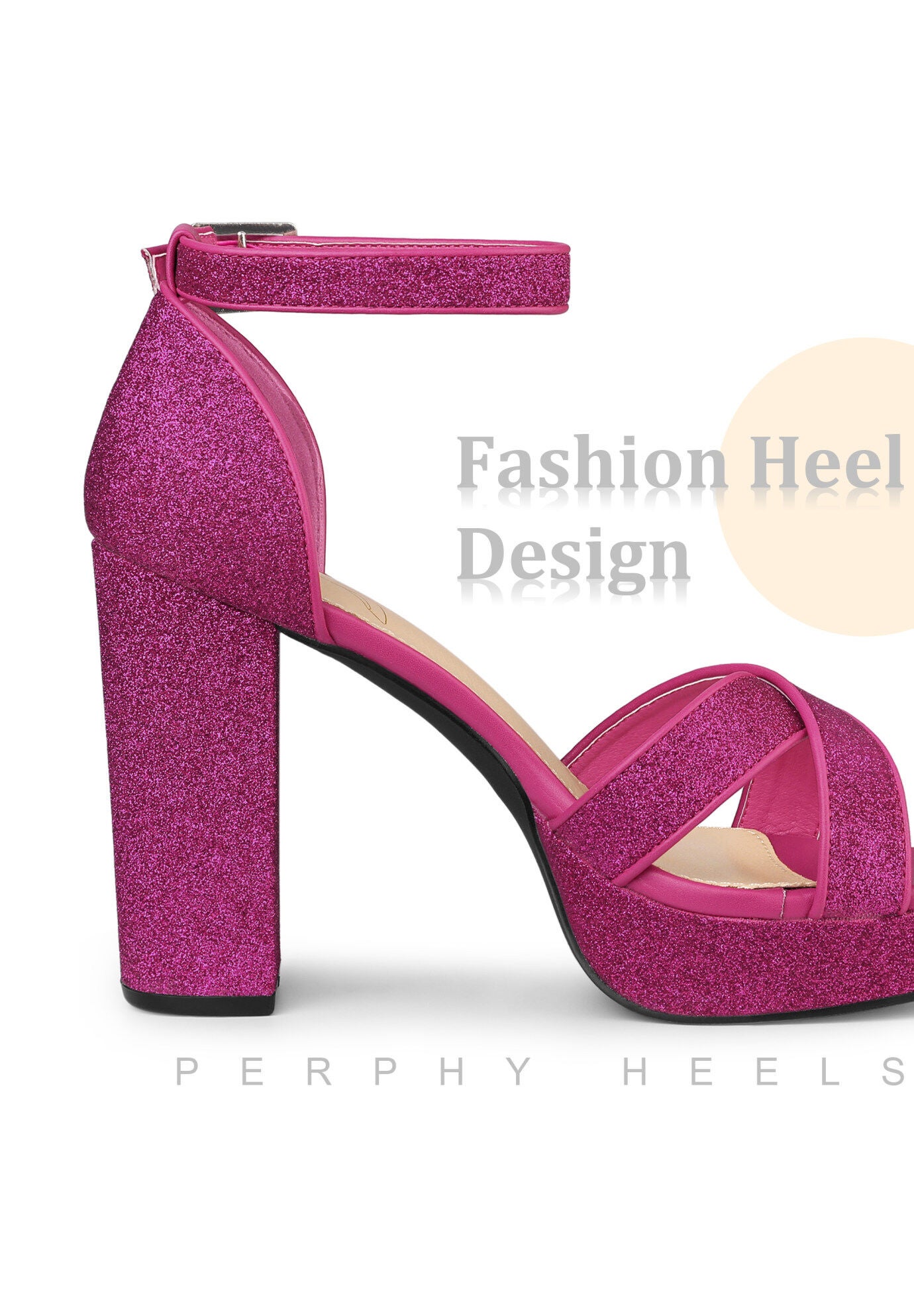 Glitter Platform Crisscross Strap Chunky Heels Sandals, Hot Pink / Deep Fuchsia, alternate image number 2
