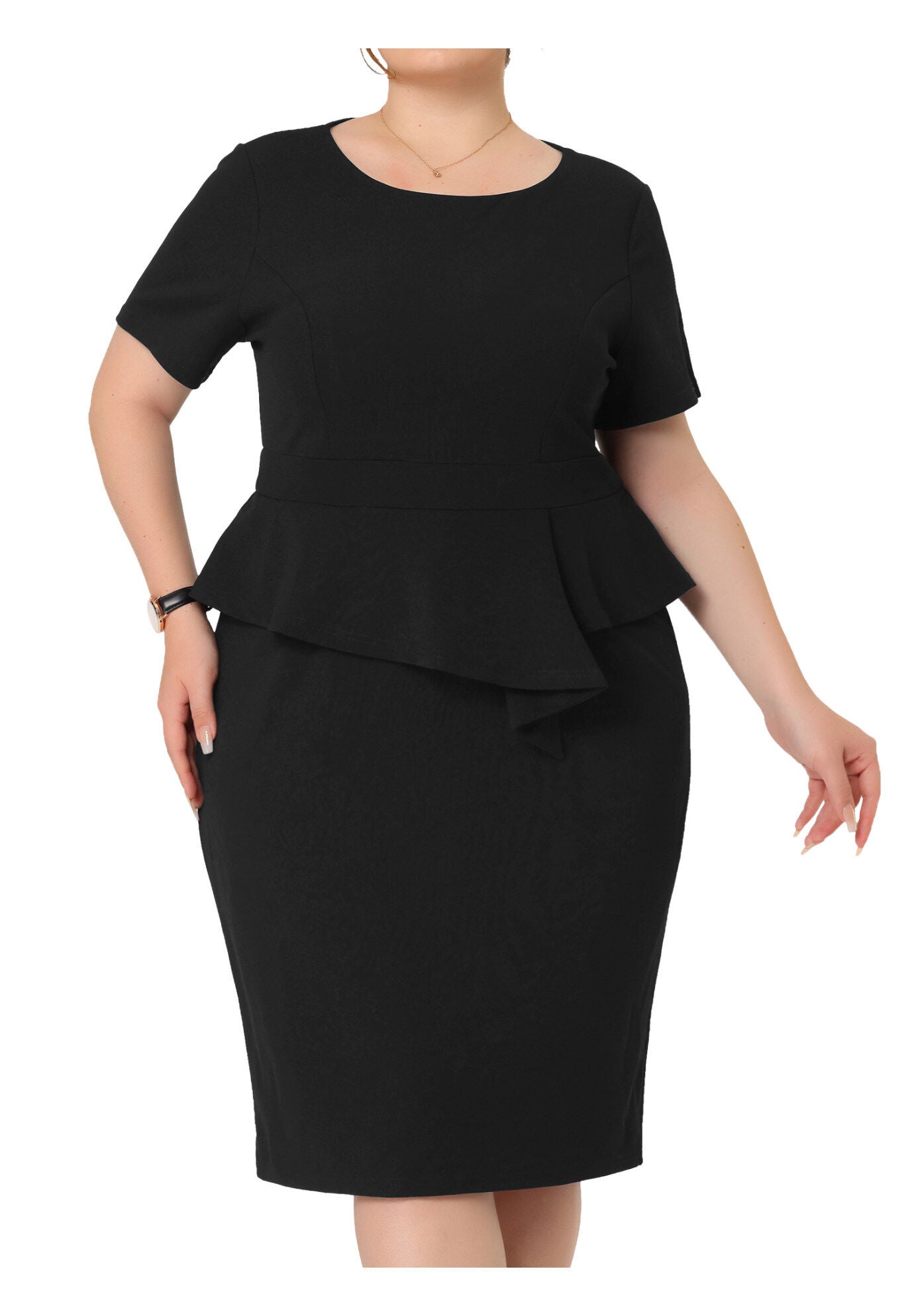 Short Sleeves Crew Neck Office Peplum Pencil Dress, Black / Black, alternate image number 1