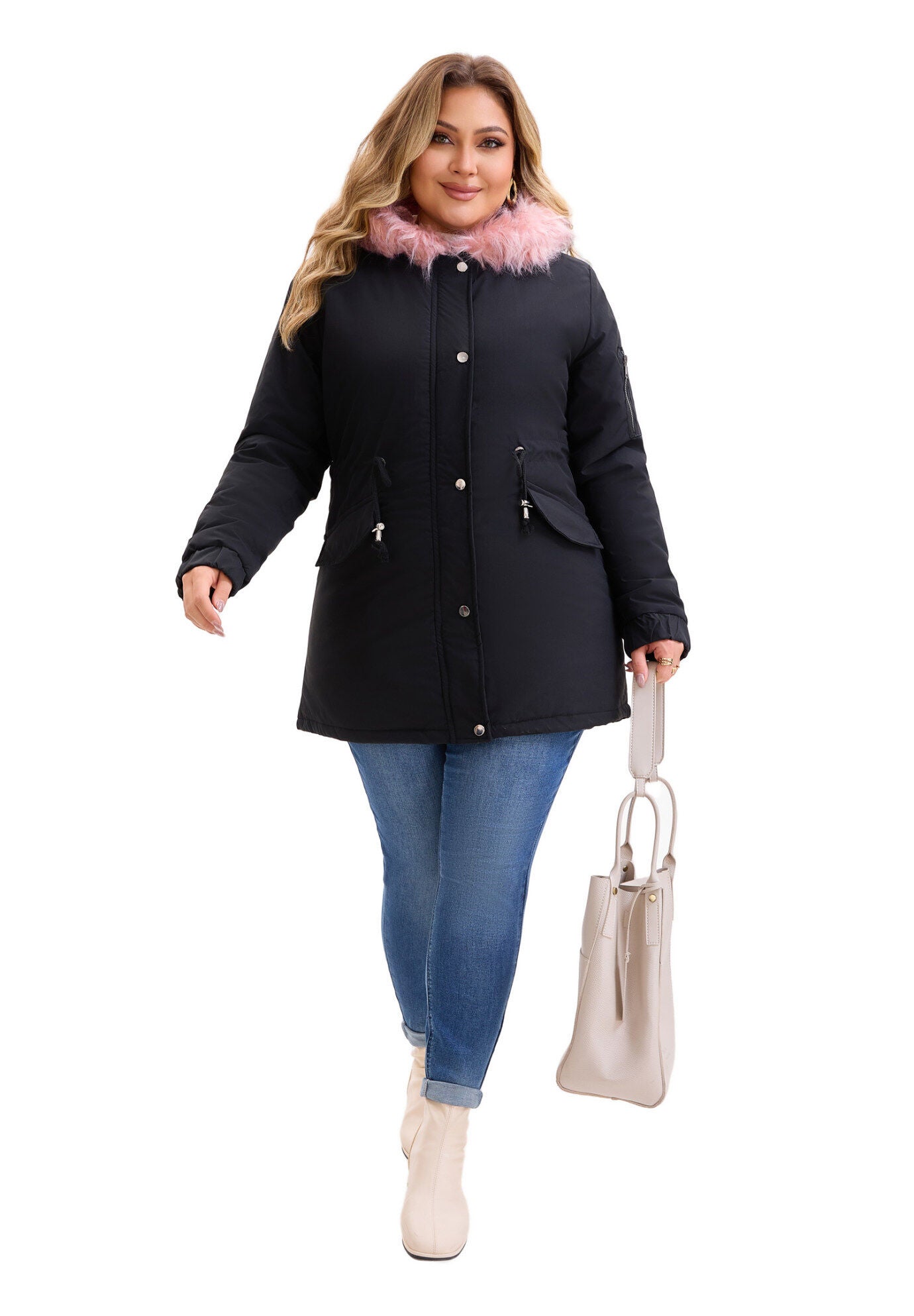 Drawstring Waist Fleece Winter Coat with Pockets, Black Pink / Black, hi-res image number 0