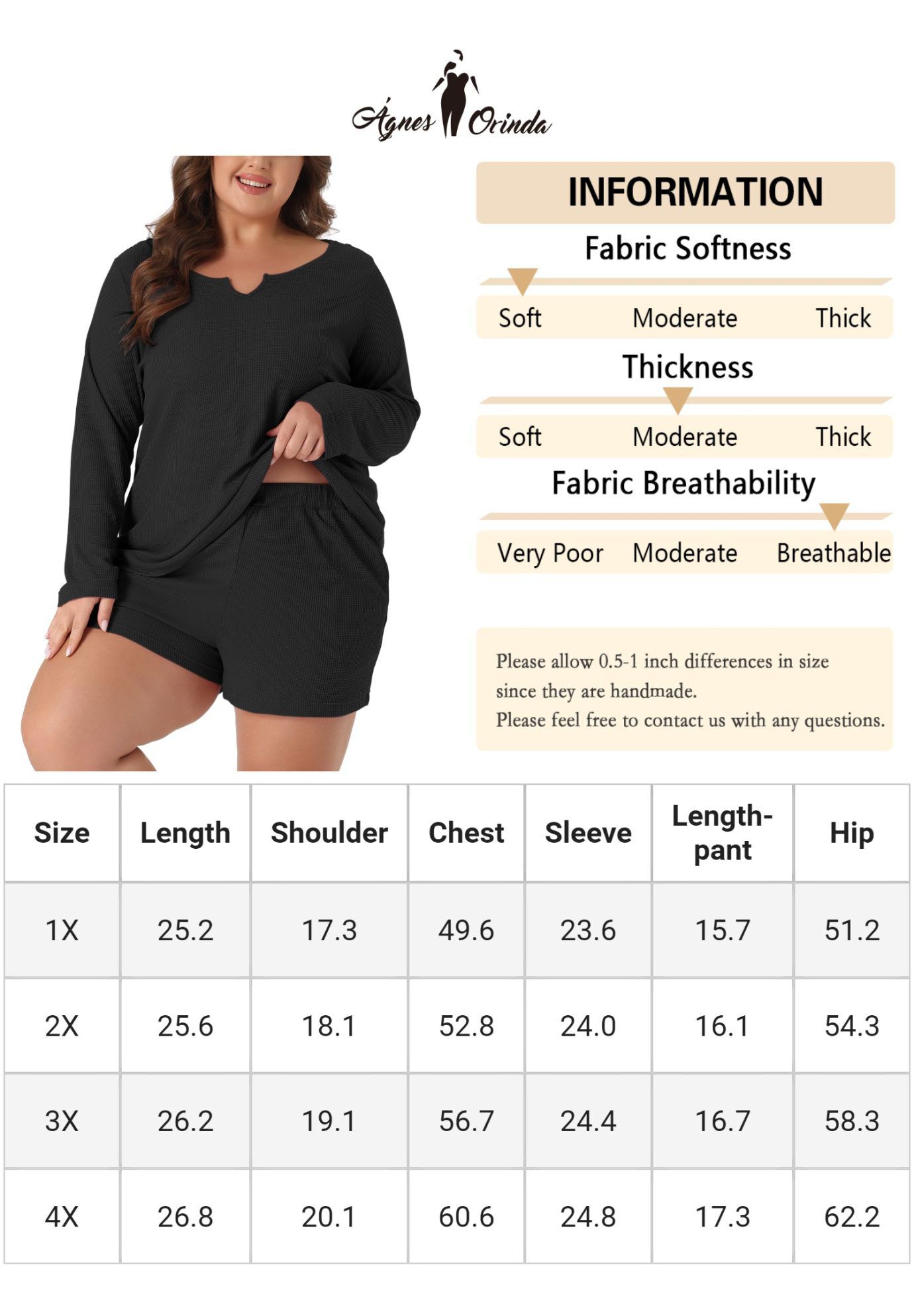 Waffle 2 Piece Long Sleeved Top and Shorts Pajama Sweatsuits Set, Black / Black, alternate image number 4