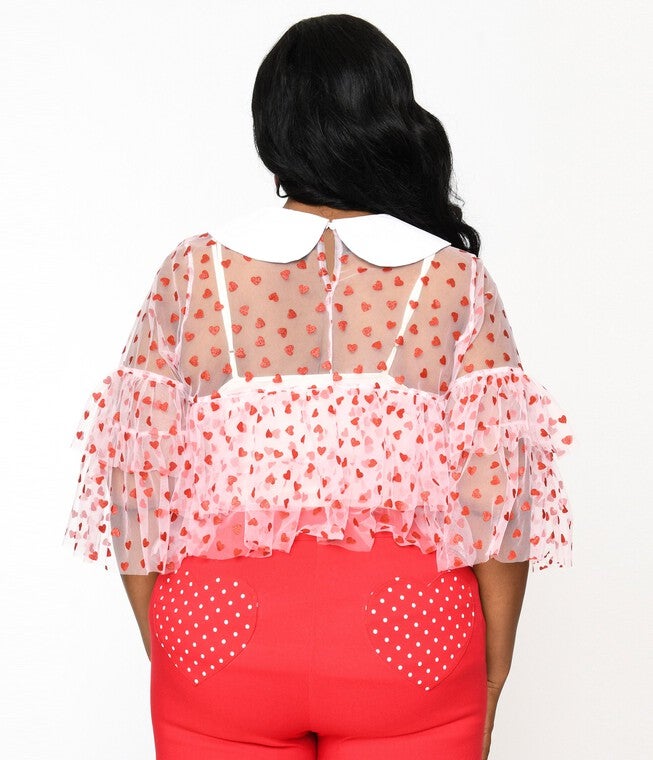 Smak Parlour Pink & Red Glitter Hearts Mesh Ruffle Top, Pink Red Glitter Hearts / Pink, alternate image number 2