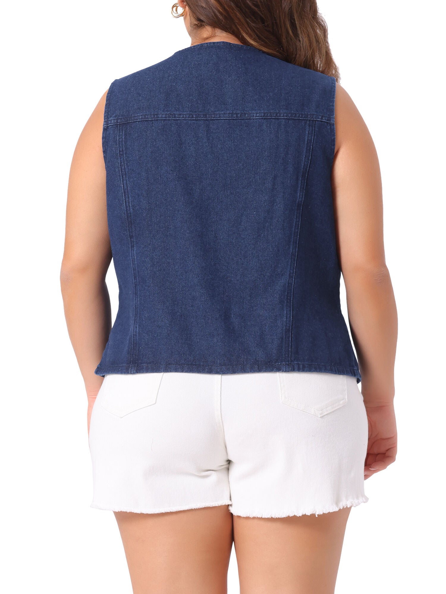V NECK SLEEVELESS UTILITY JEAN DENIM VEST, Dark Blue / Navy, alternate image number 3