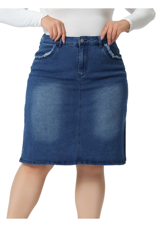 STRETCH ELASTIC WAIST SIDE SPLIT A LINE DENIM SKIRT, Blue / Light Blue, alternate image number 2
