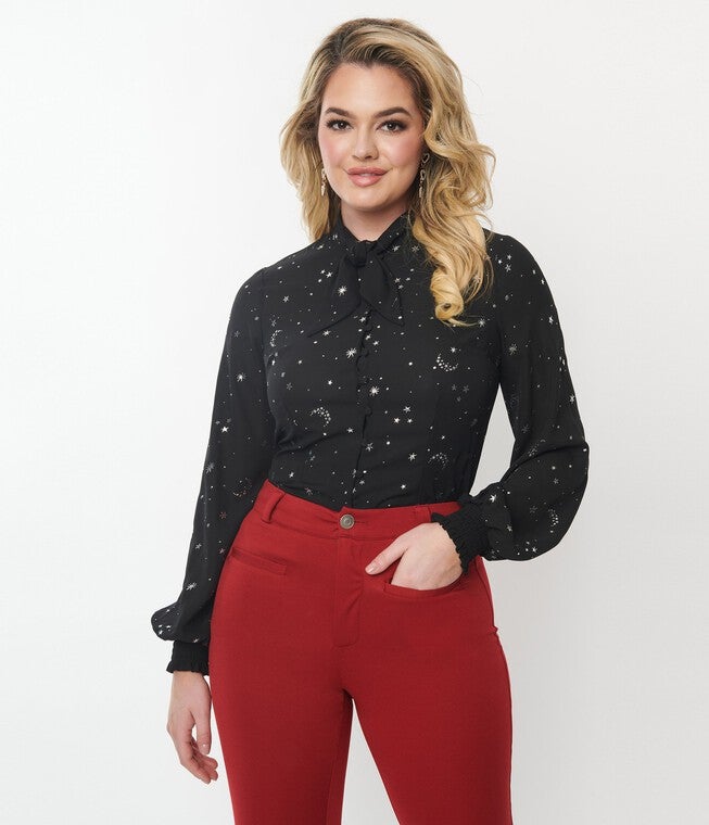 Unique Vintage Black Moon Star Print Blouse, Black Silver Stars / Black, alternate image number null