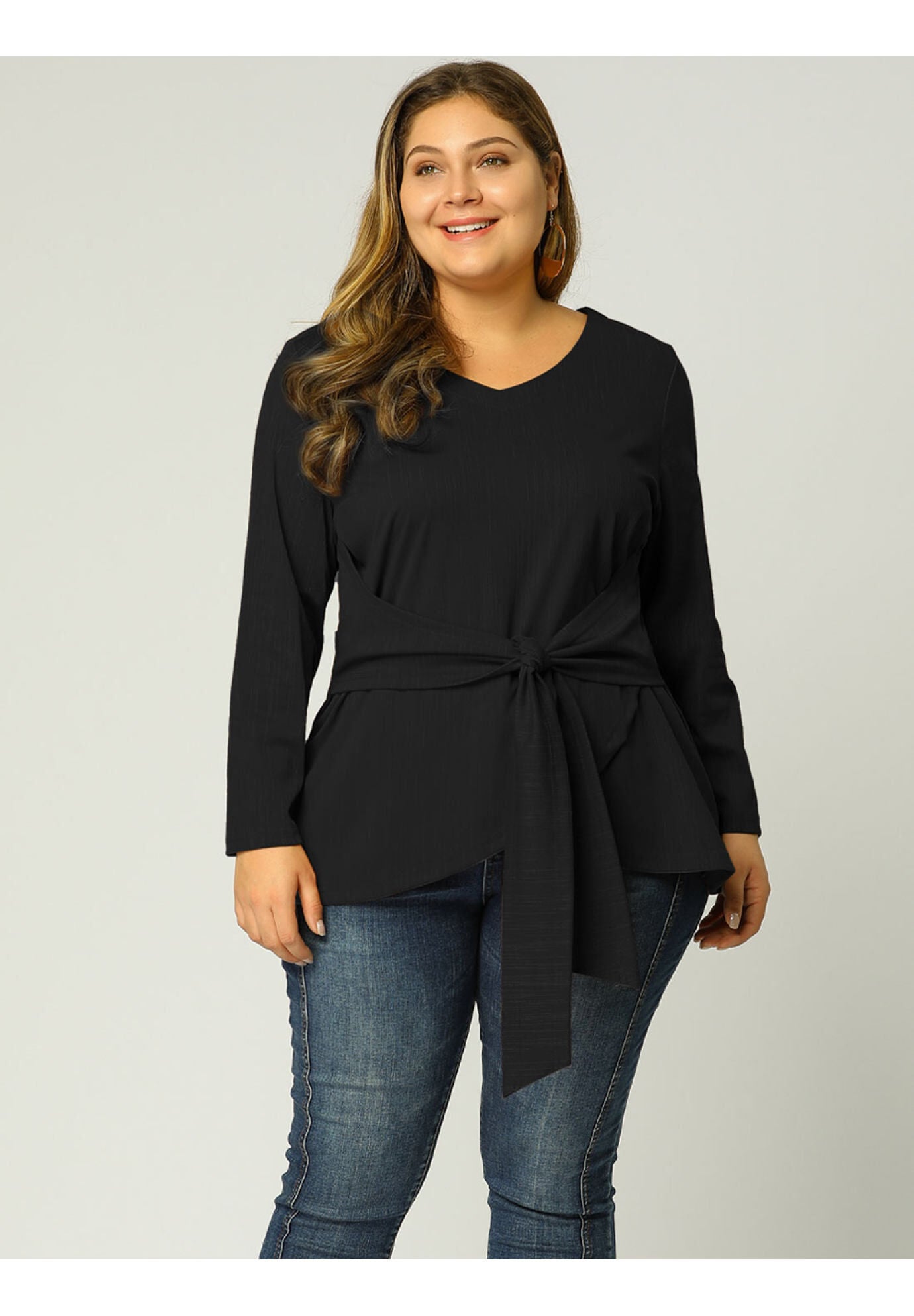 V Neck Knit Belted Knot Tie Work Top Blouse, Black / Black, alternate image number 1