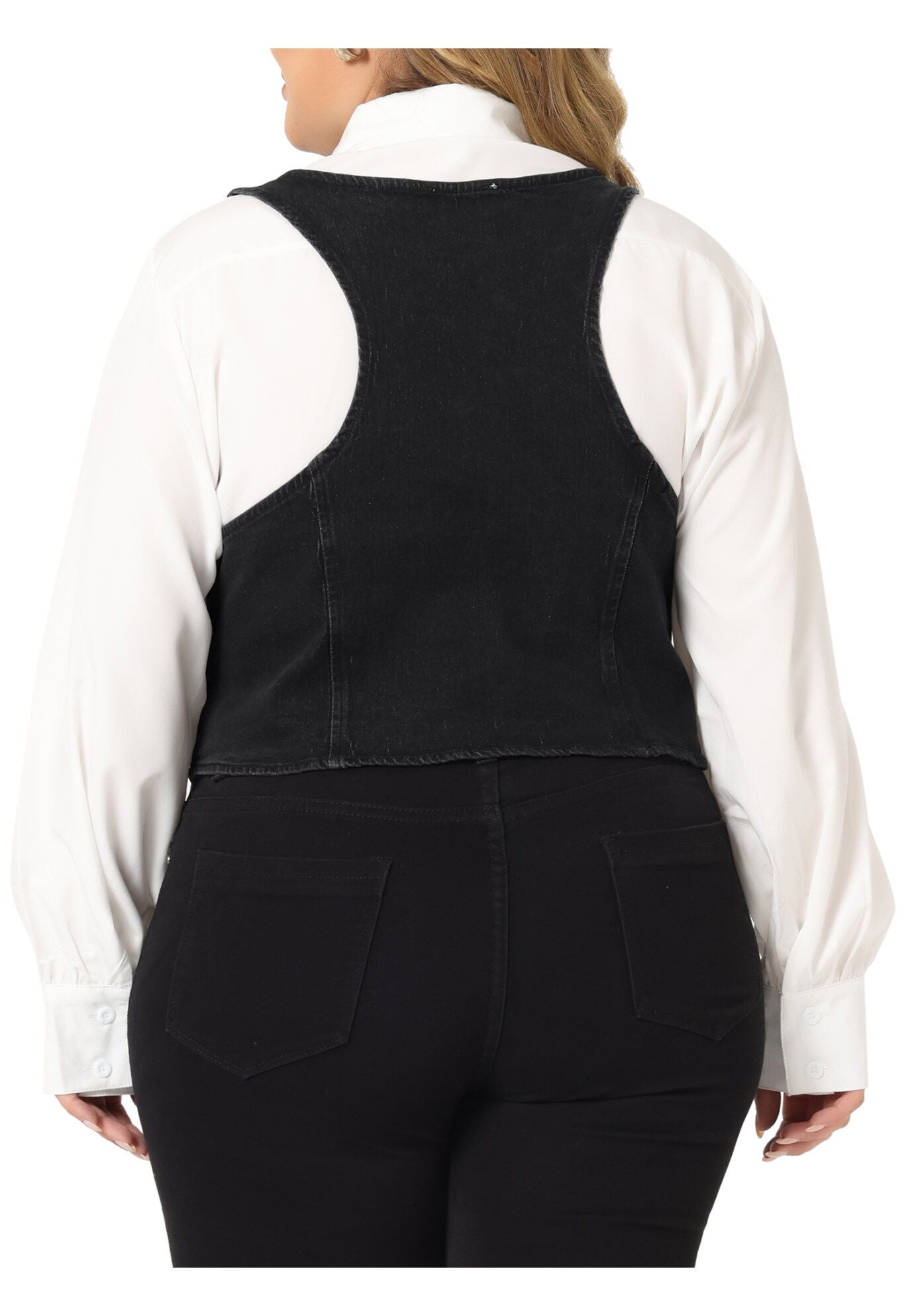 BUTTON DOWN SLEEVELESS JEAN WAISTCOAT VEST, Black / Black, alternate image number 3