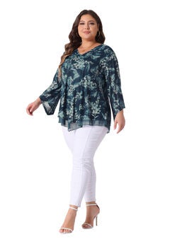 V Neck Mesh Flowy 3/4 Flared Sleeve Tunic Blouse Top