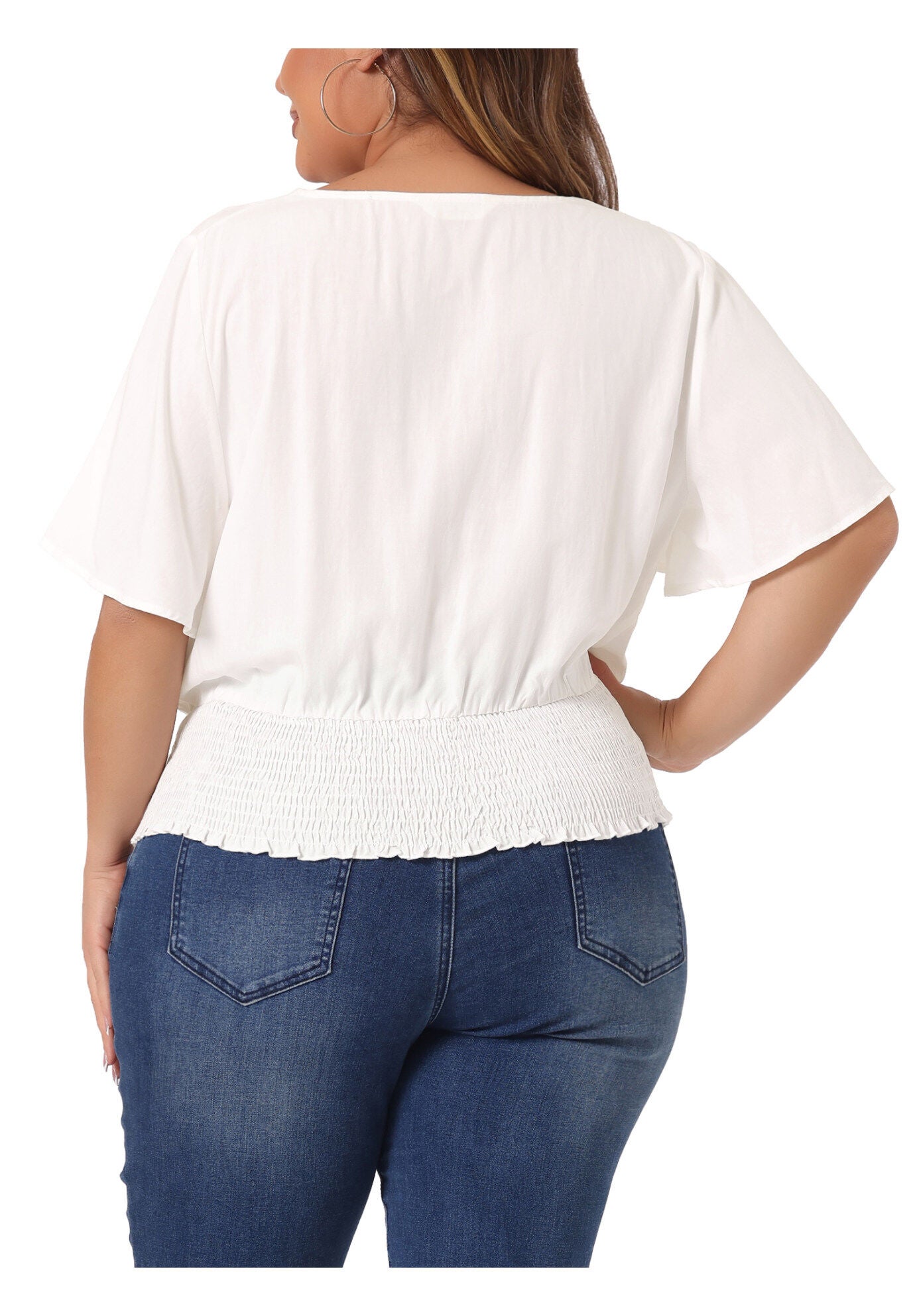 V Neck Button Up Short Sleeve Shirred Crop Shirt Blouse, White / White, alternate image number 3